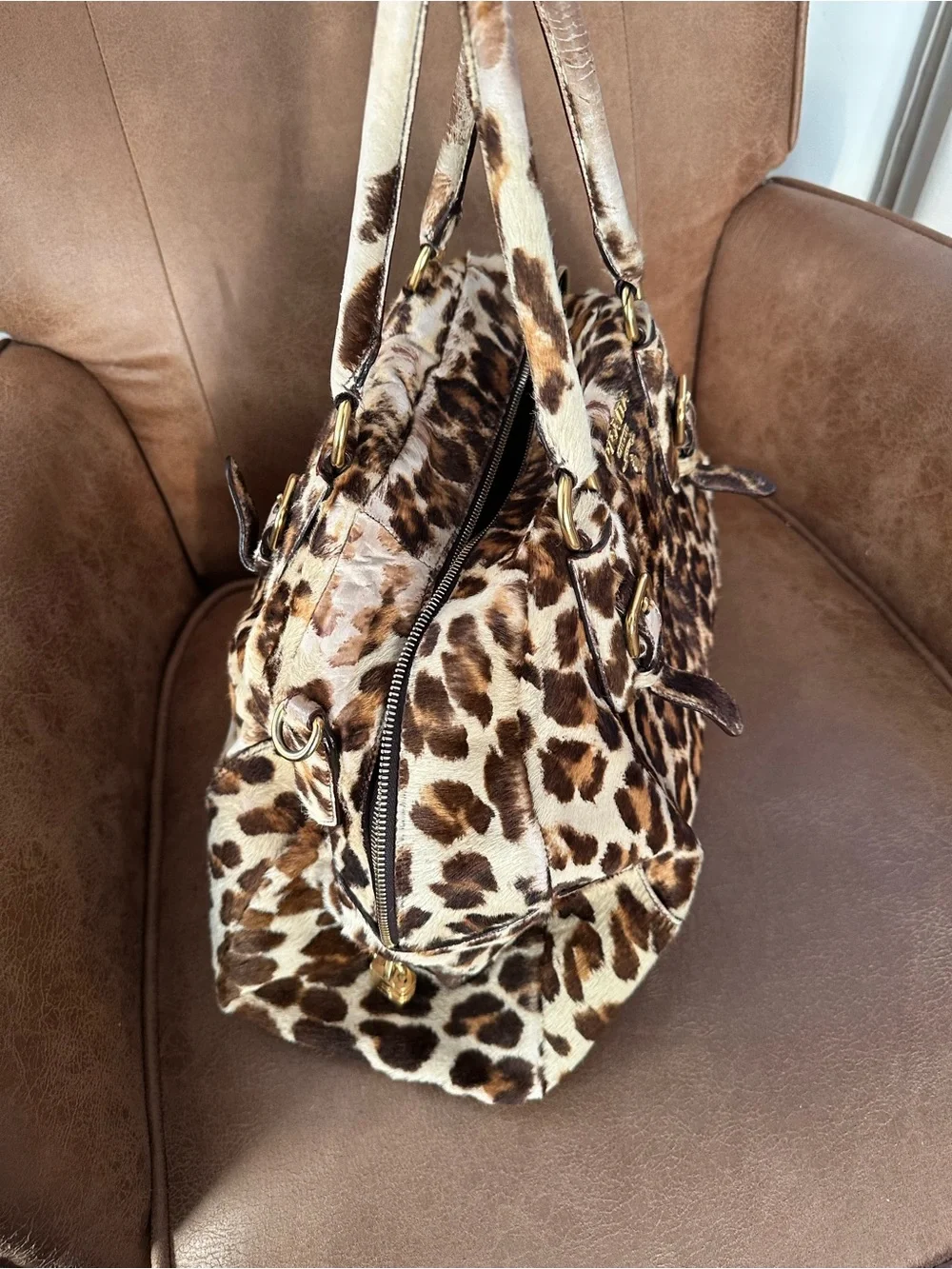 Prada Leopard-Print Calf Hair Satchel - Brown/Black/Beige bag / tote